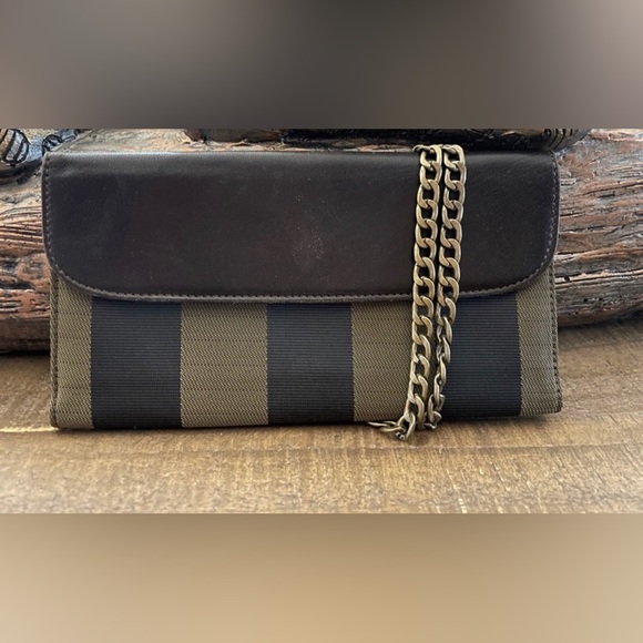 AUTH FENDI BROWN LEATHER/CANVAS  VERTICAL LINES VERY CLEAN WALLET CHAIN NOT/IN’D - Picture 9 of 9